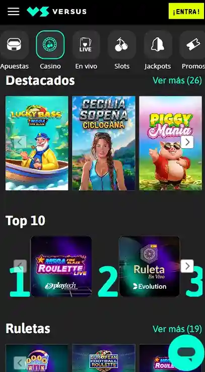 Versus Casino móvil para Android con interfaz adaptada